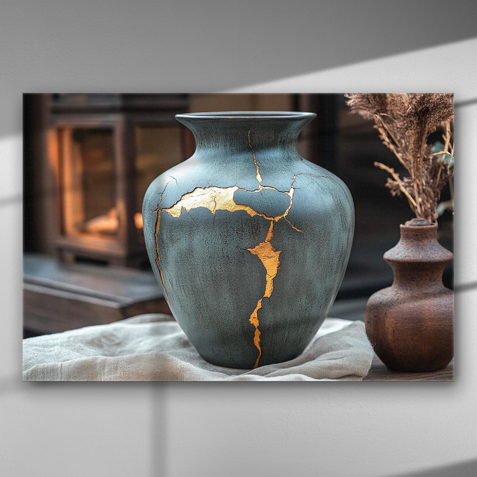 A canvas print depicting a vase repaired with gold using the Kintsugi technique, emphasizing beauty in imperfections.