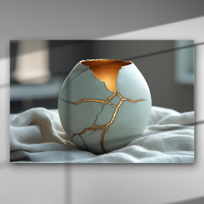 Ceramic pot with golden cracks, representing Kintsugi art on canvas.
