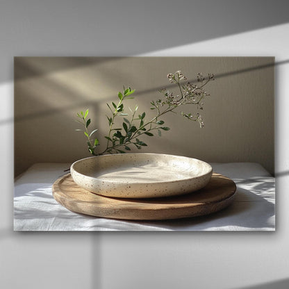 A minimalistic setting with a ceramic plate on a wooden surface, highlighted by soft natural light.