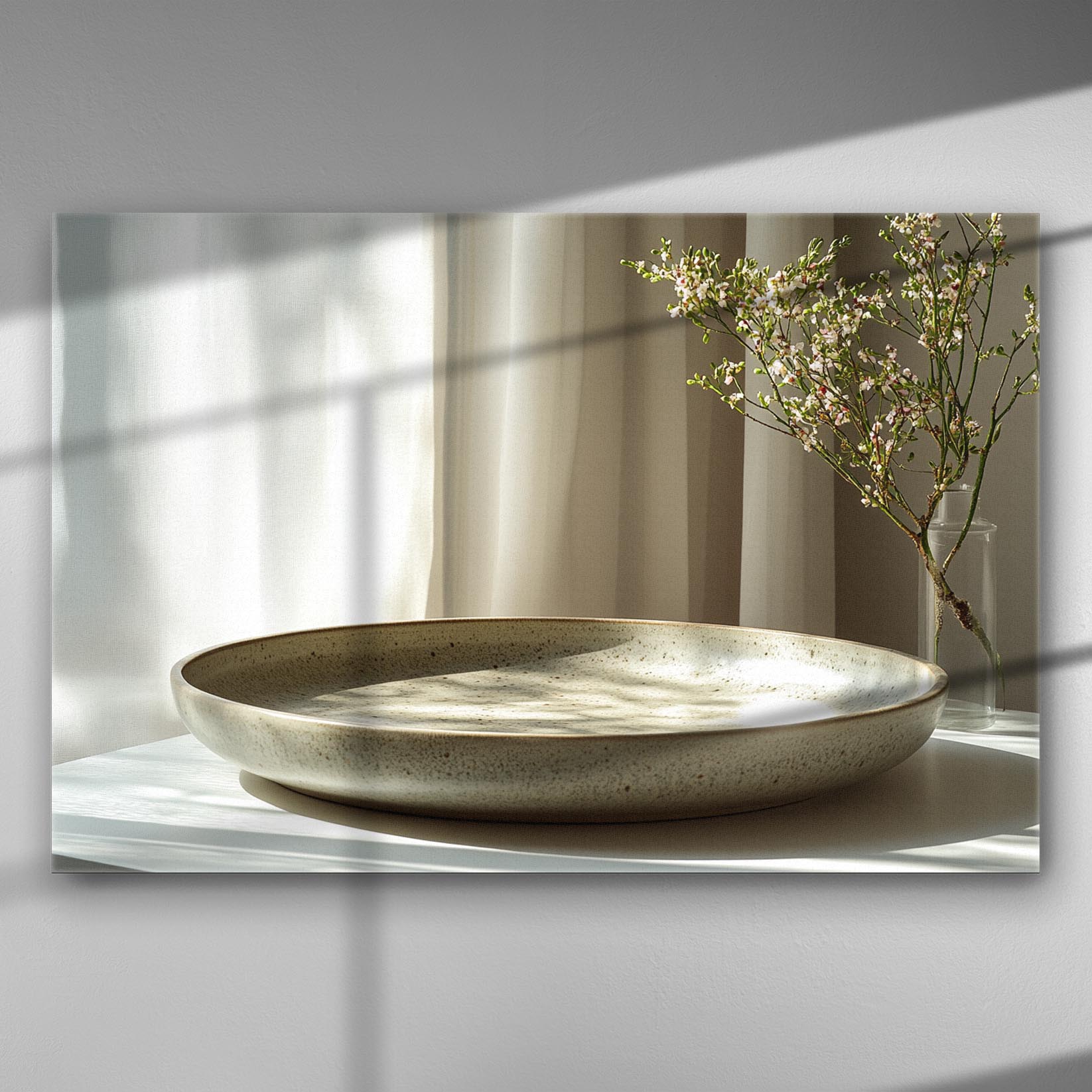 A serene canvas print depicting a floral branch next to a ceramic plate with soft lighting and curtains.