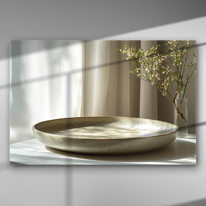 A serene canvas print depicting a floral branch next to a ceramic plate with soft lighting and curtains.