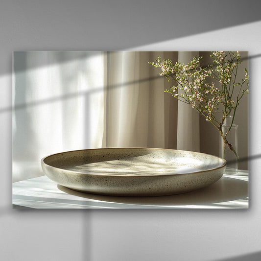 A serene canvas print depicting a floral branch next to a ceramic plate with soft lighting and curtains.