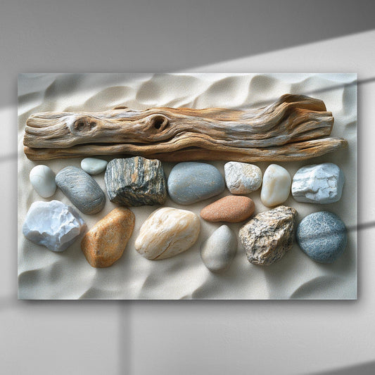A composition of driftwood and pebbles on sand, captured on canvas.