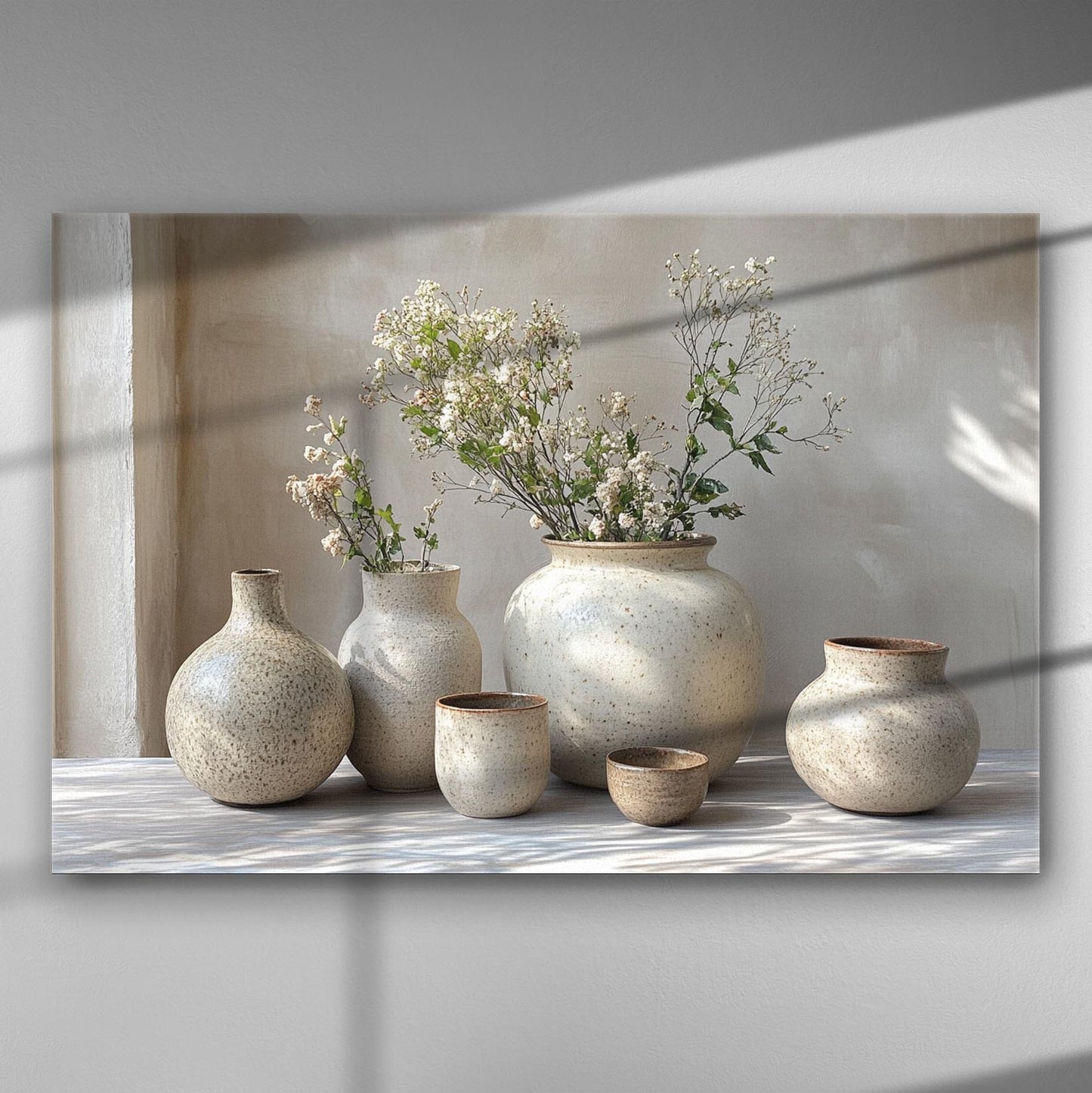 Ceramic art canvas print with neutral colors and vases on a light background.