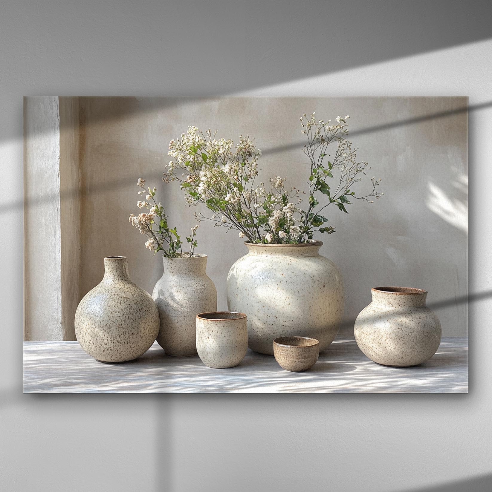 Ceramic art canvas print with neutral colors and vases on a light background.