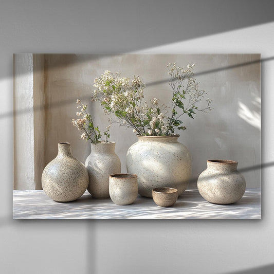 Ceramic art canvas print with neutral colors and vases on a light background.
