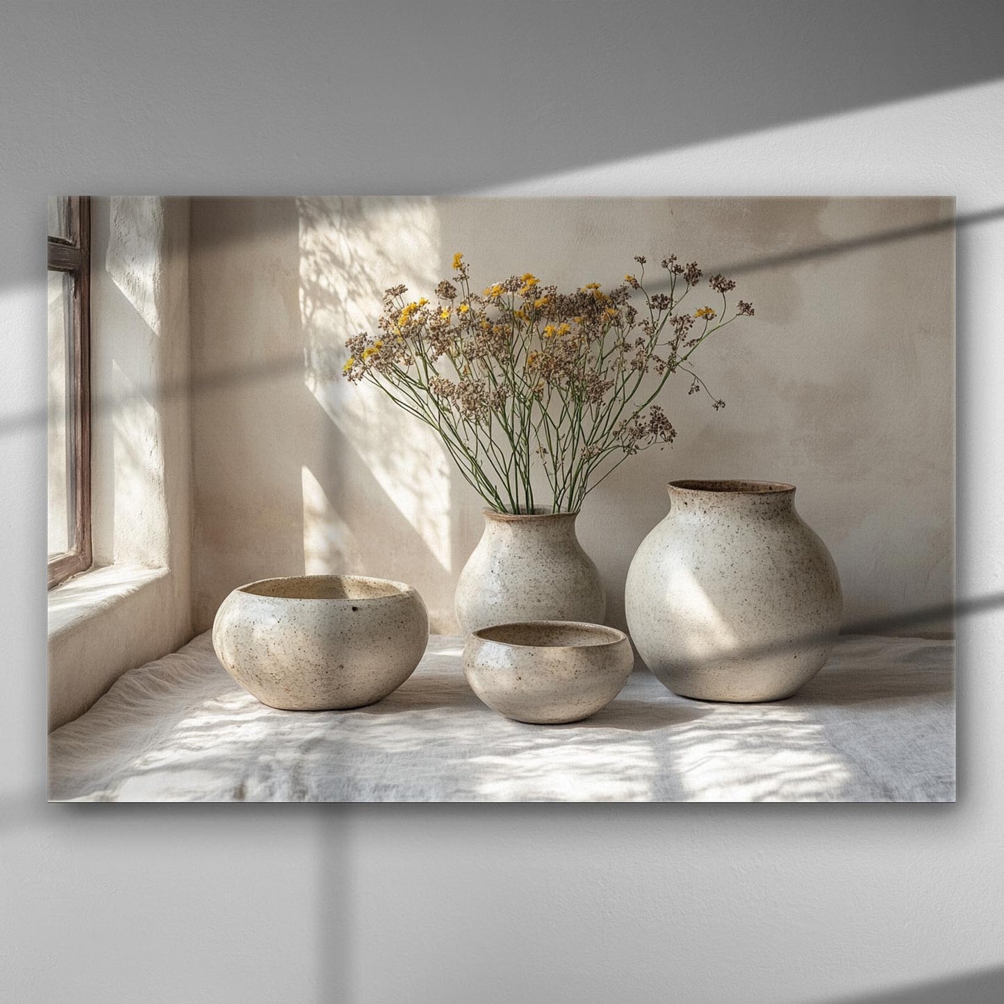 Canvas print featuring ceramic pots with dried flowers in sunlight, creating serene and calming imagery.