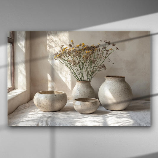 Canvas print featuring ceramic pots with dried flowers in sunlight, creating serene and calming imagery.
