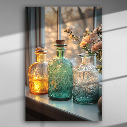 Colorful glass vases with flowers and sunlight on a window sill.