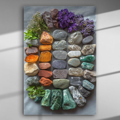 Multi-colored stones and flowers canvas print showcasing natural beauty in vivid detail.