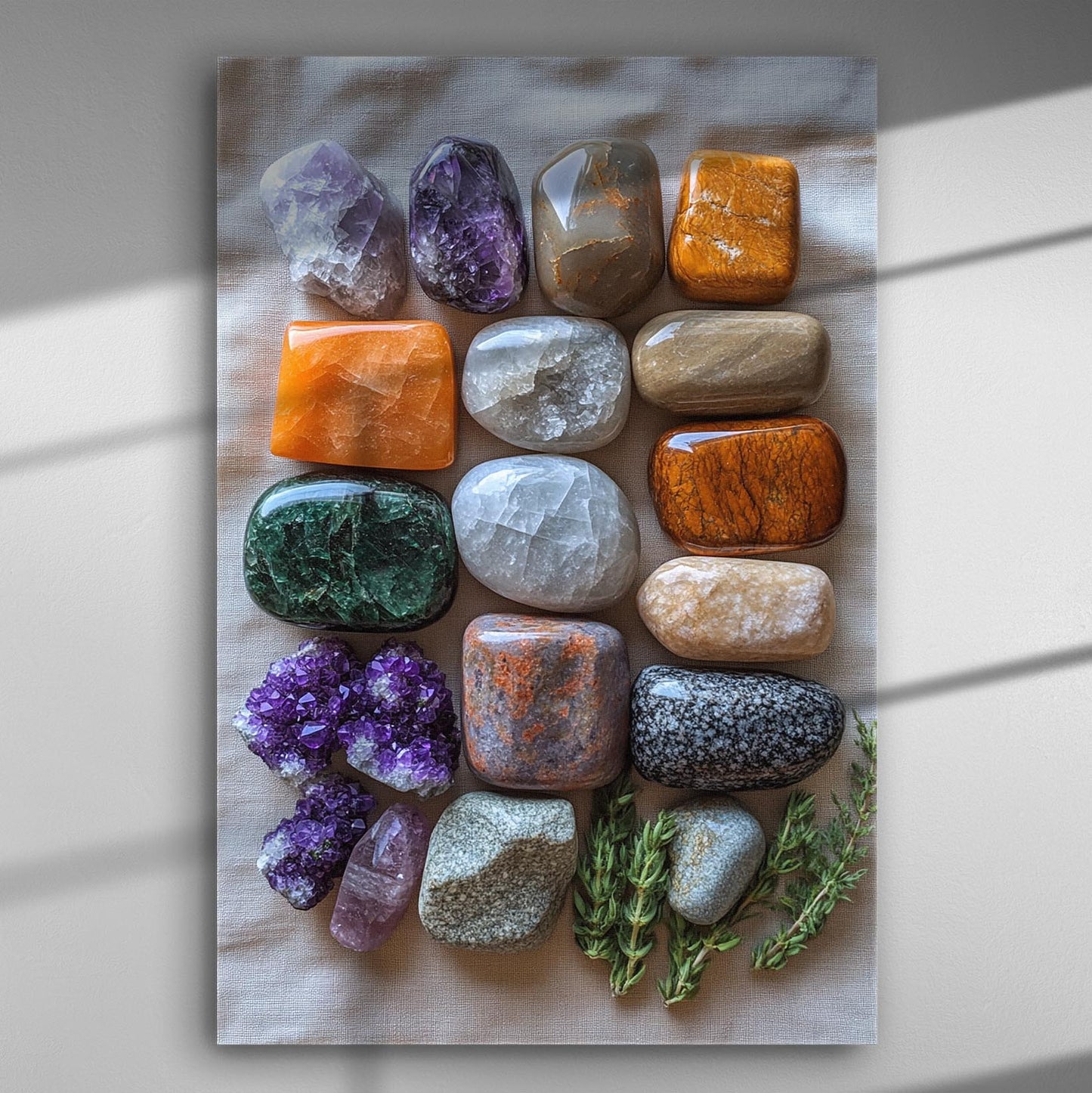 Canvas print featuring a variety of colorful crystals, including amethyst, enhancing natural beauty and harmony.