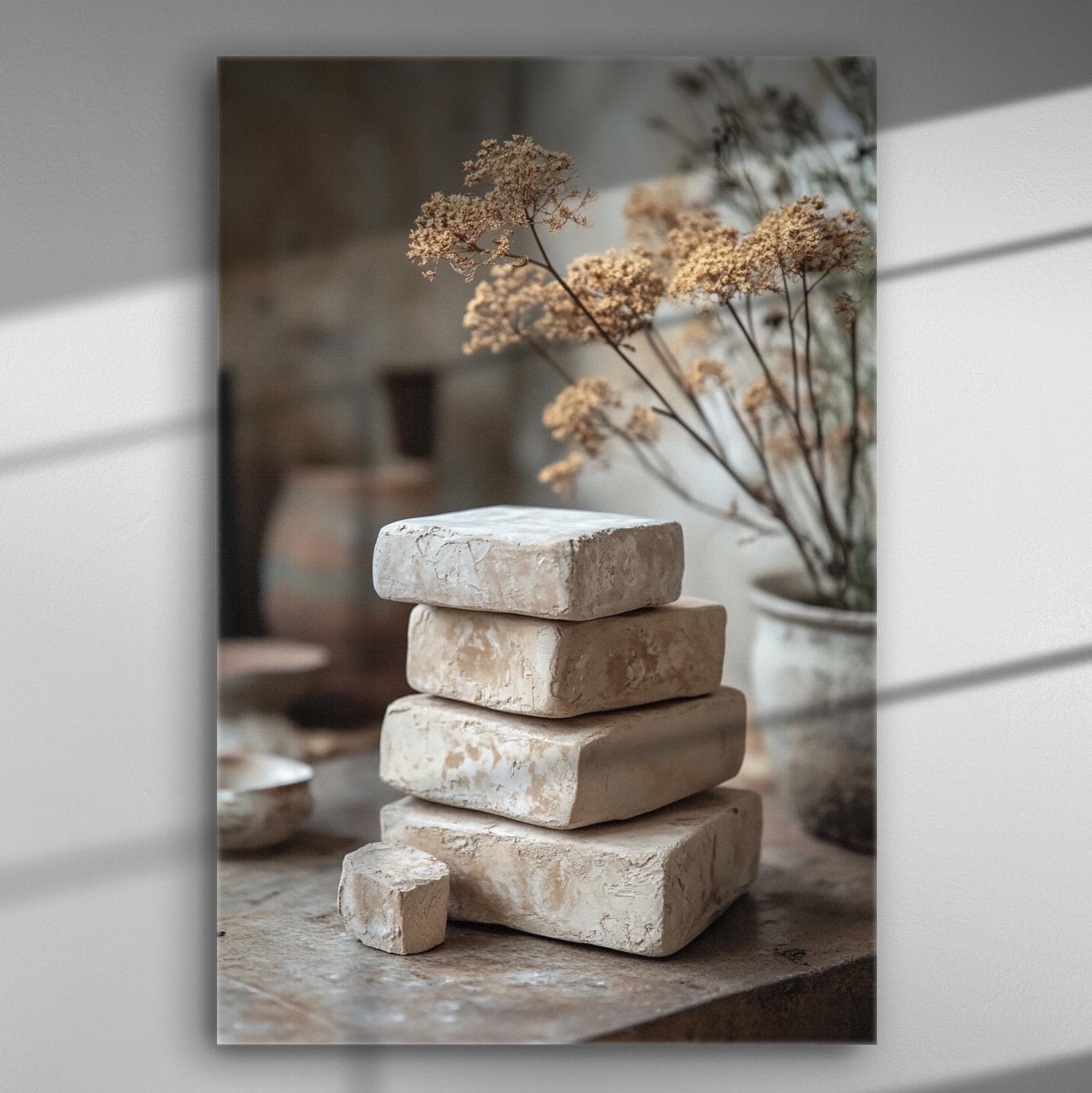 Stacked natural stones with a background of dried flowers on canvas.