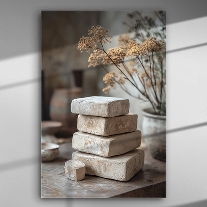 Stacked natural stones with a background of dried flowers on canvas.