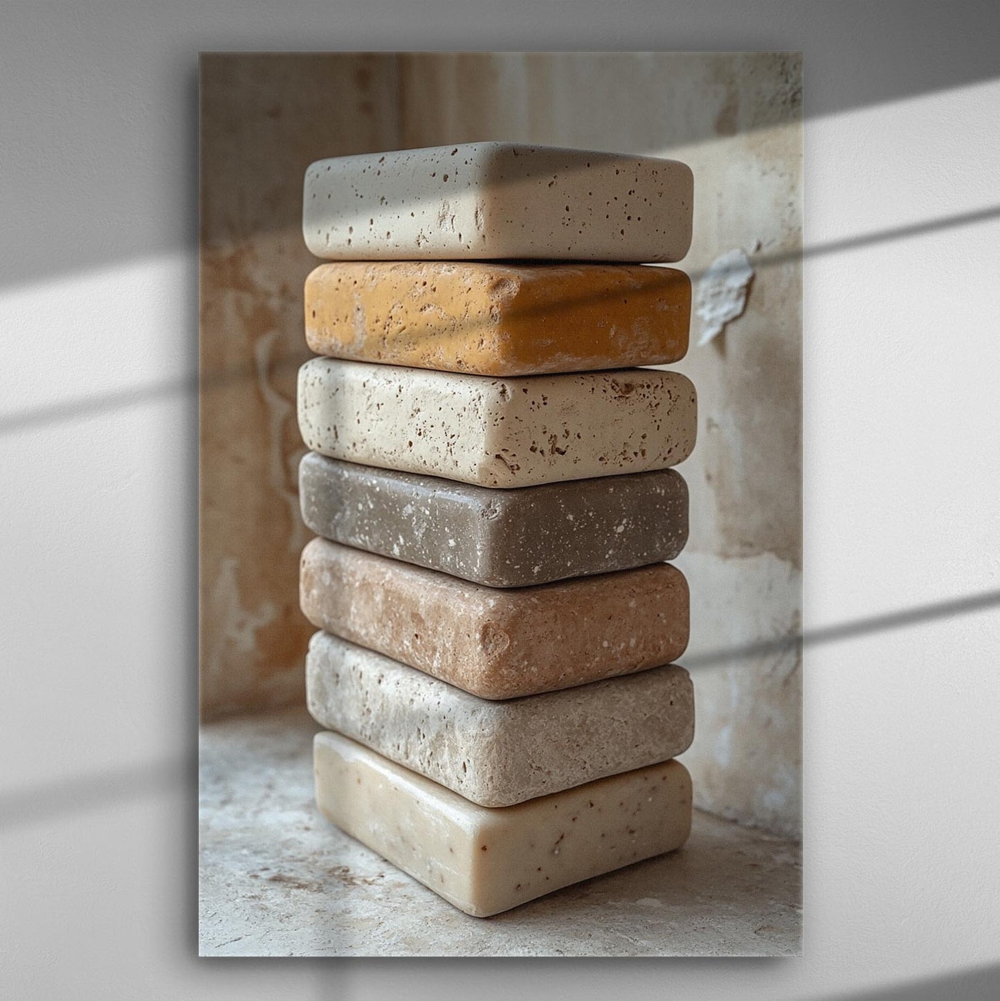 Stack of natural soaps in earthy tones on canvas print