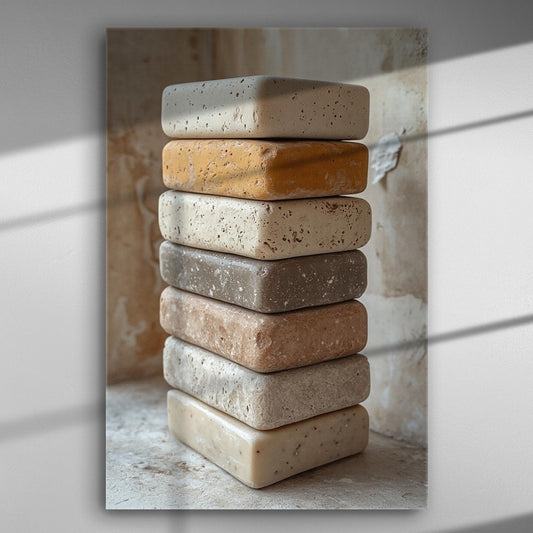 Stack of natural soaps in earthy tones on canvas print