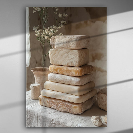 A stack of natural stones with a soft, warm light highlighting their texture, set against a rustic background.