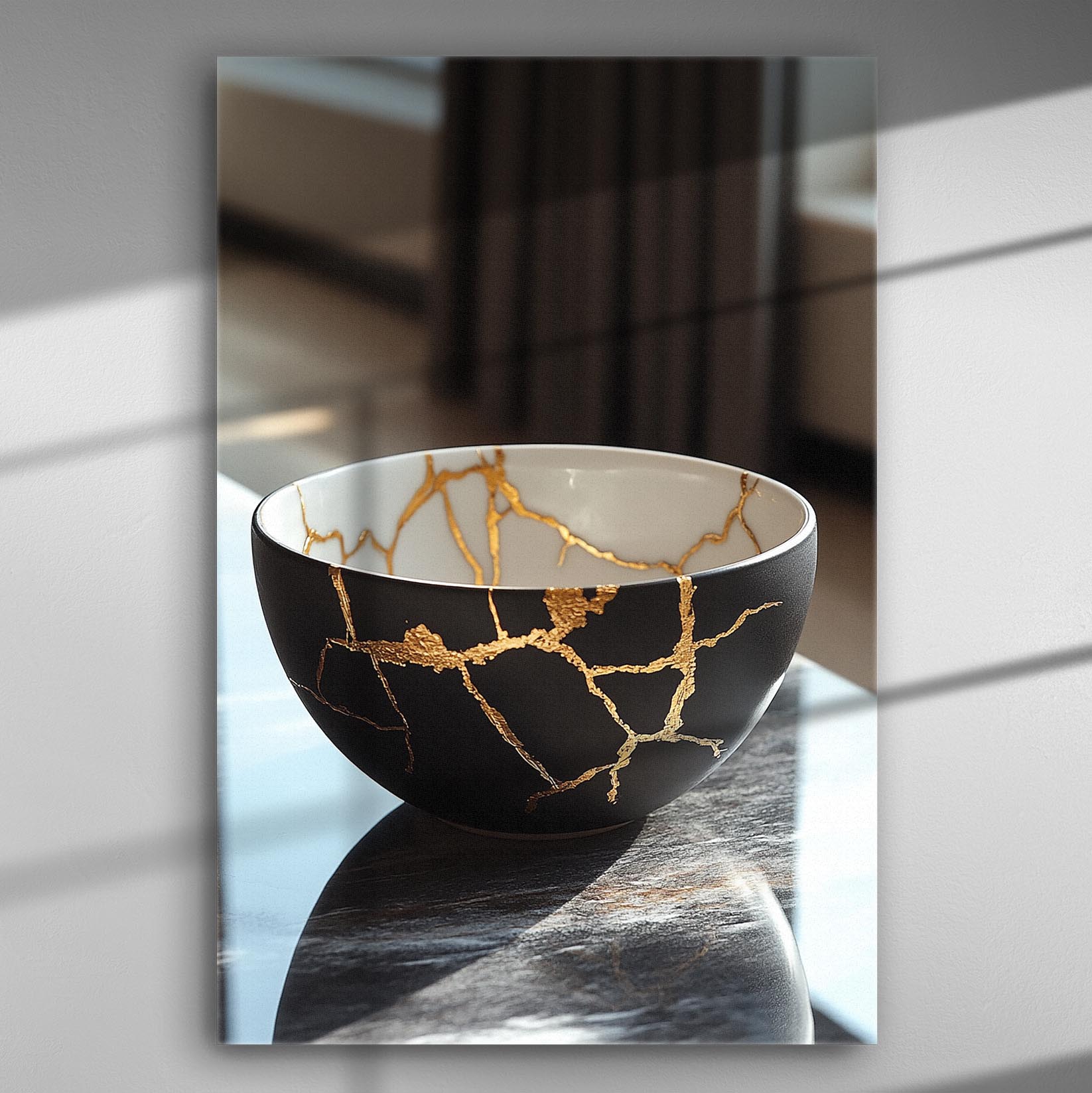 Black bowl with gold details artwork on canvas, sophisticated and elegant design.