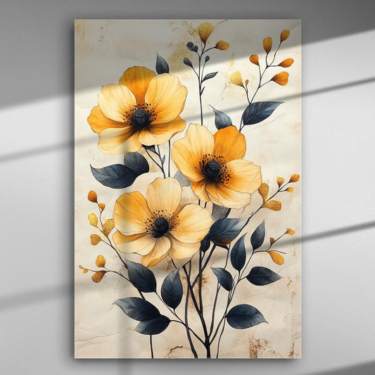 Canvas print of three large flowers with yellow and cream petals on a neutral background.