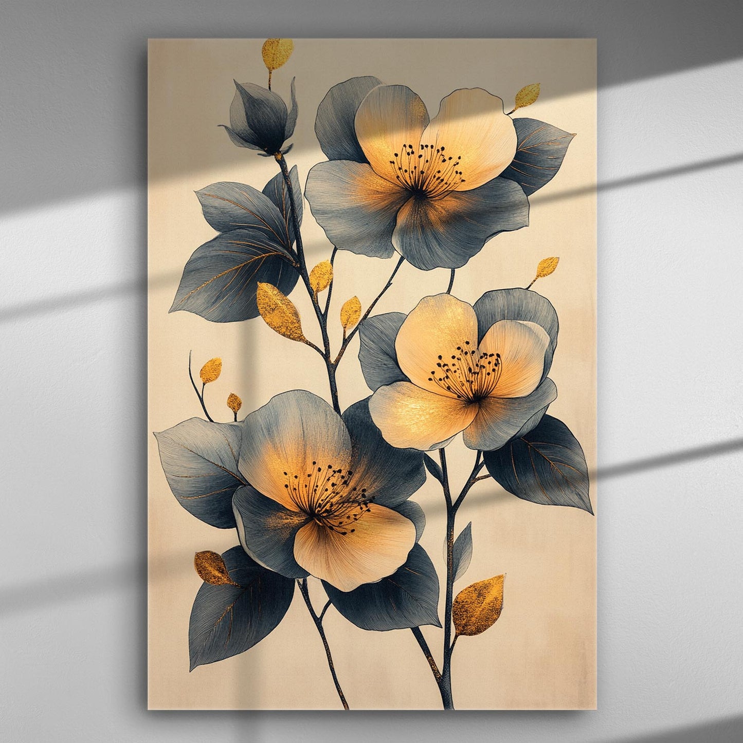 Canvas art print featuring harmonious flowers with blue and yellow tones.