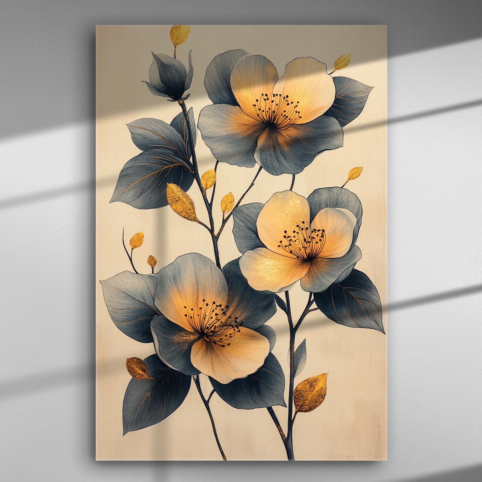 Canvas art print featuring harmonious flowers with blue and yellow tones.
