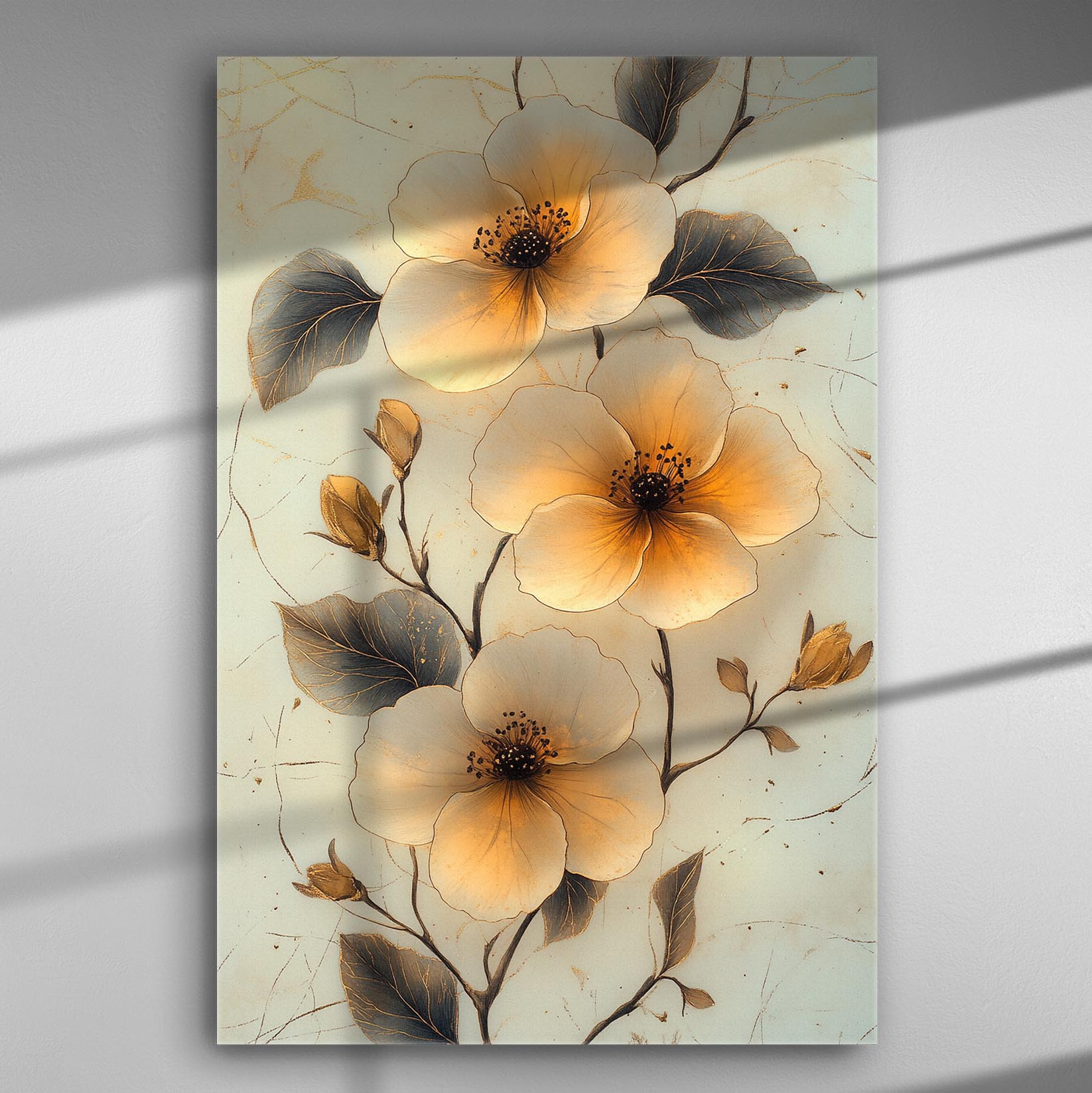 A canvas print with delicate floral design featuring soft-colored flowers and leaves.
