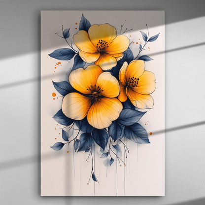 Canvas print with radiant yellow flowers and blue leaves, offering a vibrant and artistic decor piece.