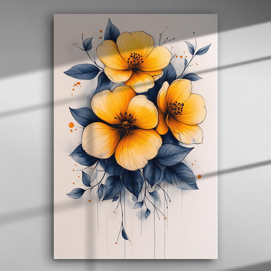 Canvas print with radiant yellow flowers and blue leaves, offering a vibrant and artistic decor piece.