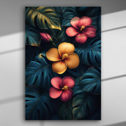 Colorful tropical flowers and leaves on a canvas print