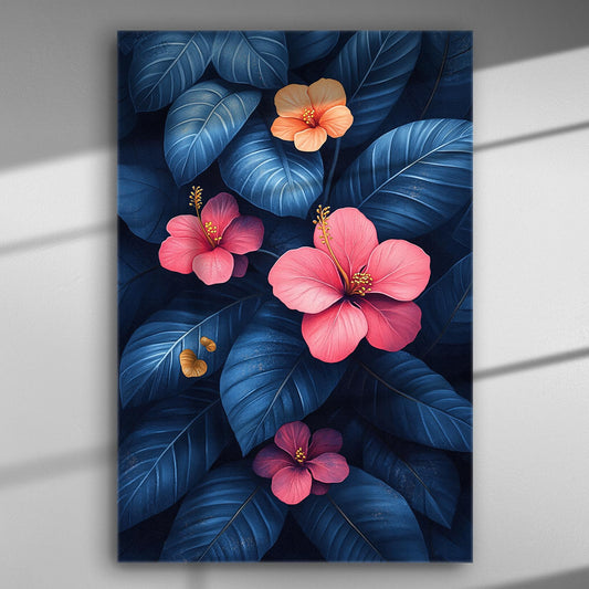 Canvas print with vivid pink flowers and blue leaves background.