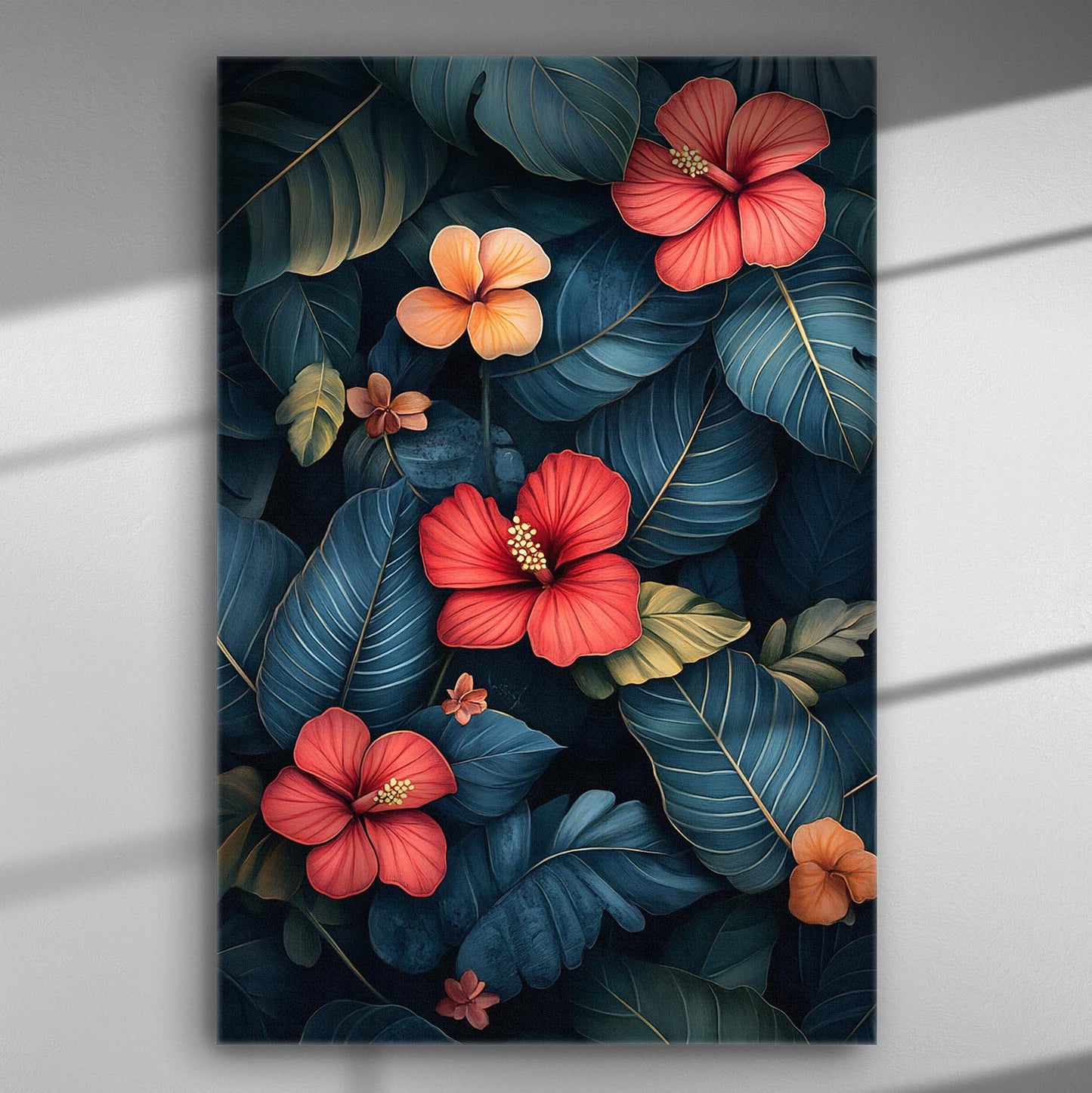 Tropical flowers and leaves with vibrant red and orange hues on a dark background canvas print.