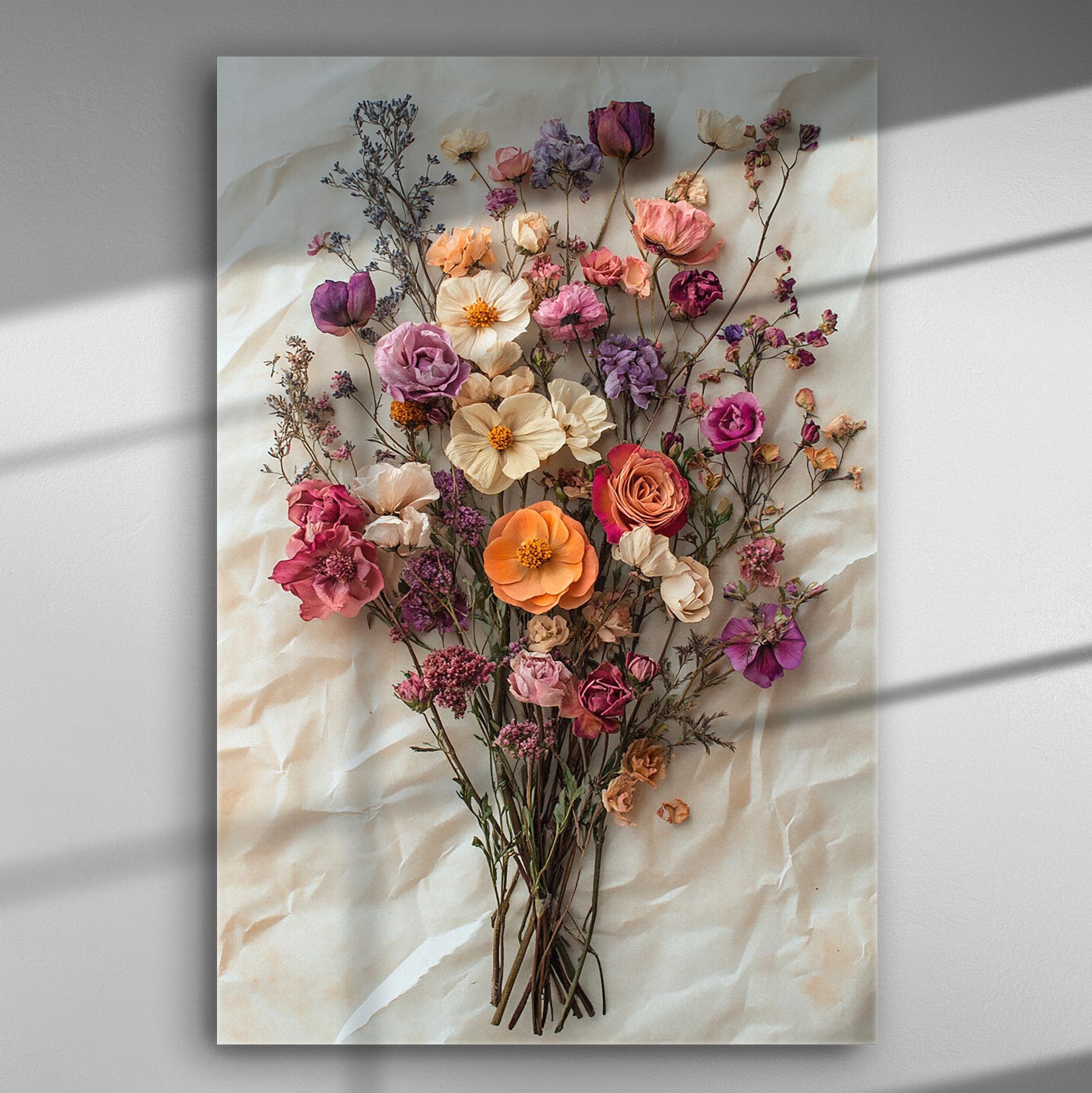 A bouquet of colorful flowers arranged artistically on a canvas background.
