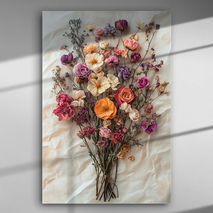 A bouquet of colorful flowers arranged artistically on a canvas background.