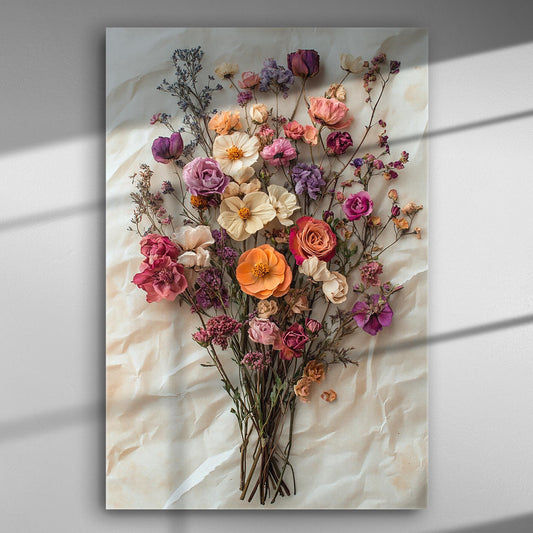 A bouquet of colorful flowers arranged artistically on a canvas background.
