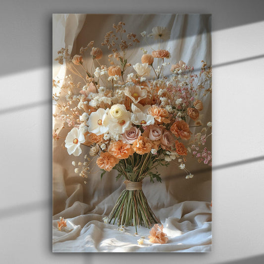 Spring bouquet with soft orange and white flowers on canvas
