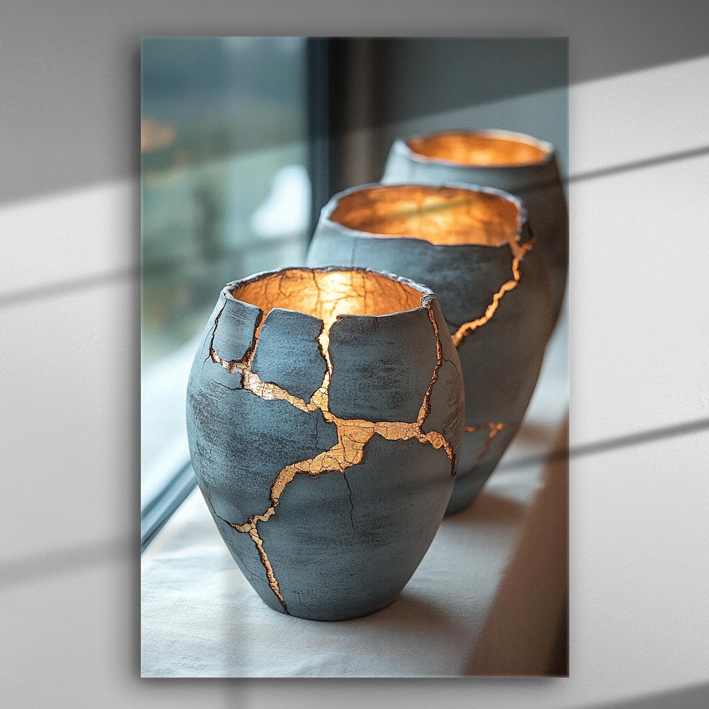 Kintsugi art canvas print showing cracked pottery with gold fillings, creating a warm and inviting atmosphere.