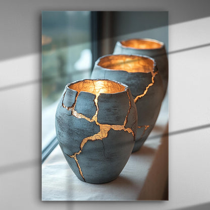 Kintsugi art canvas print showing cracked pottery with gold fillings, creating a warm and inviting atmosphere.