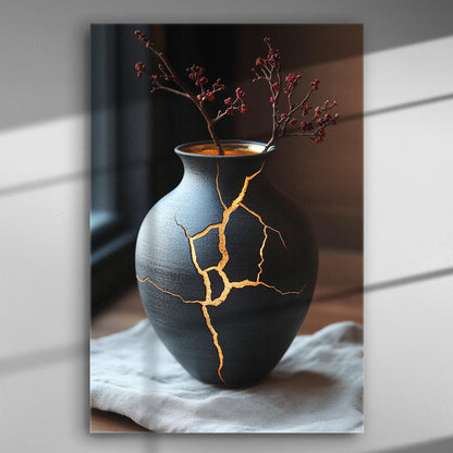 Black vase with golden cracks and red berries on canvas, inspired by Kintsugi art.