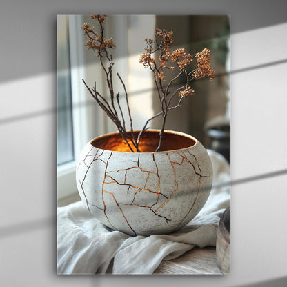 Ceramic bowl with dry branches on canvas, showcasing kintsugi-inspired design.