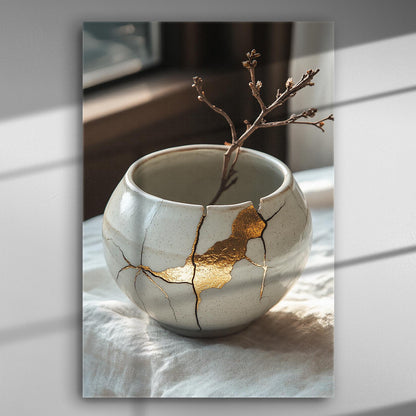 Kintsugi ceramic vase with gold repairs on a canvas print, adding a touch of elegance to interior decor.
