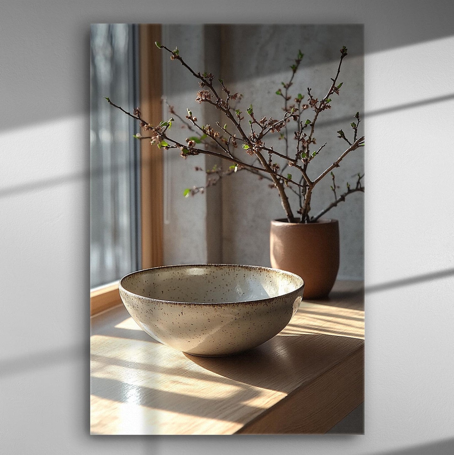 A ceramic bowl and branches on a sunlit table, captured in a harmonious composition.