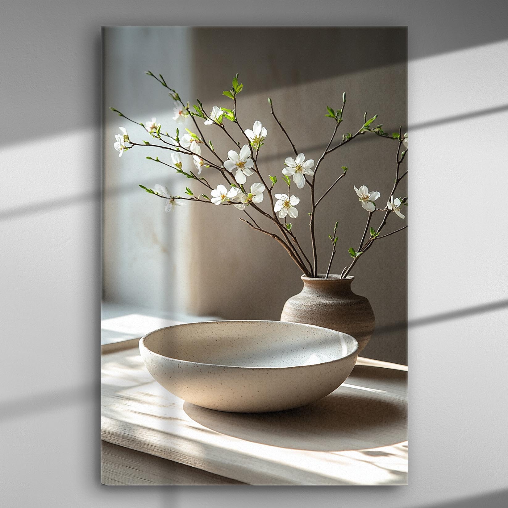 A canvas print depicting a branch with white flowers in a vase, with soft light highlighting the delicate features.