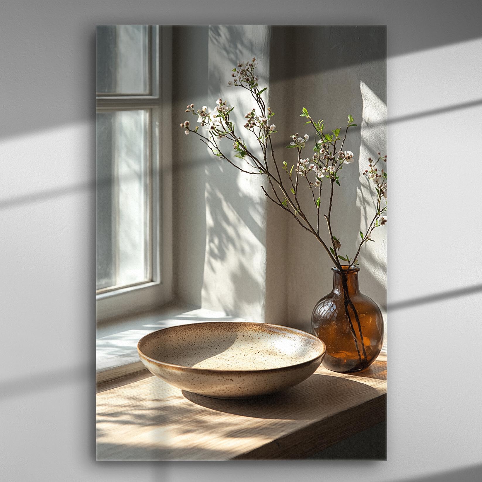 A serene setting with a window, natural light, and decorative branches in a vase on a wooden surface.