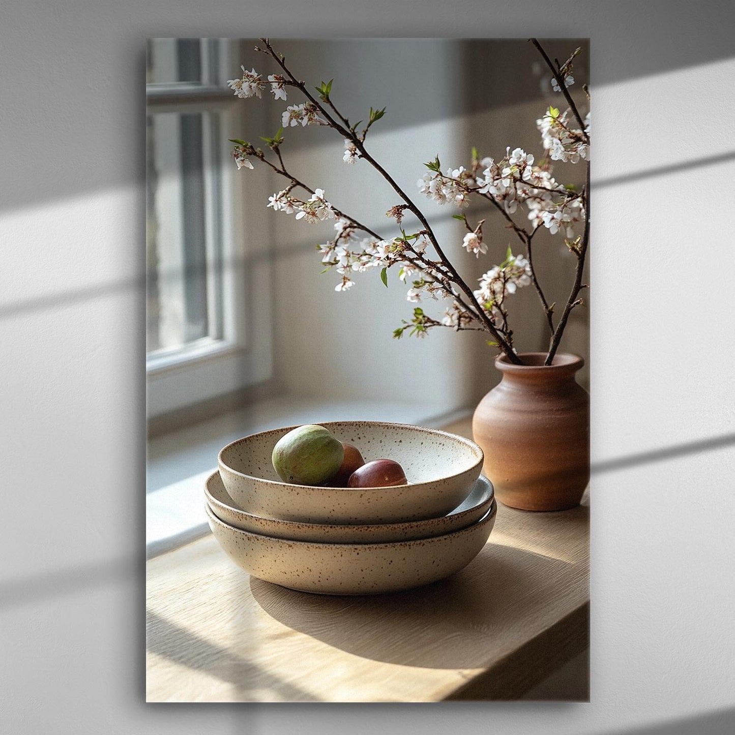 Bowl of fruits and cherry blossoms in vase by a window.