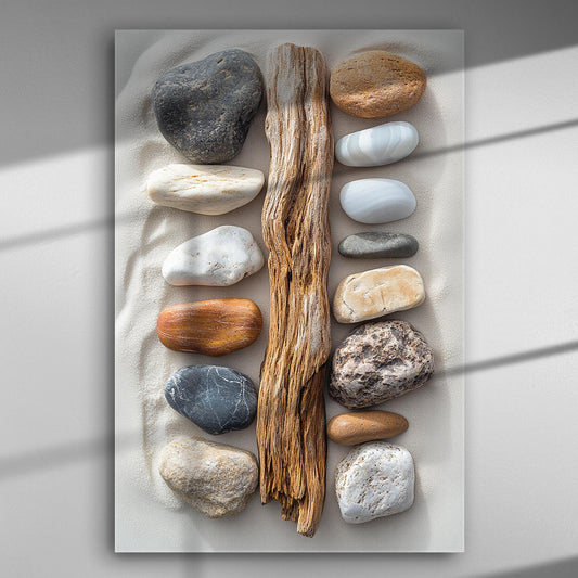 Canvas print featuring a composition of smooth pebbles and a piece of driftwood.