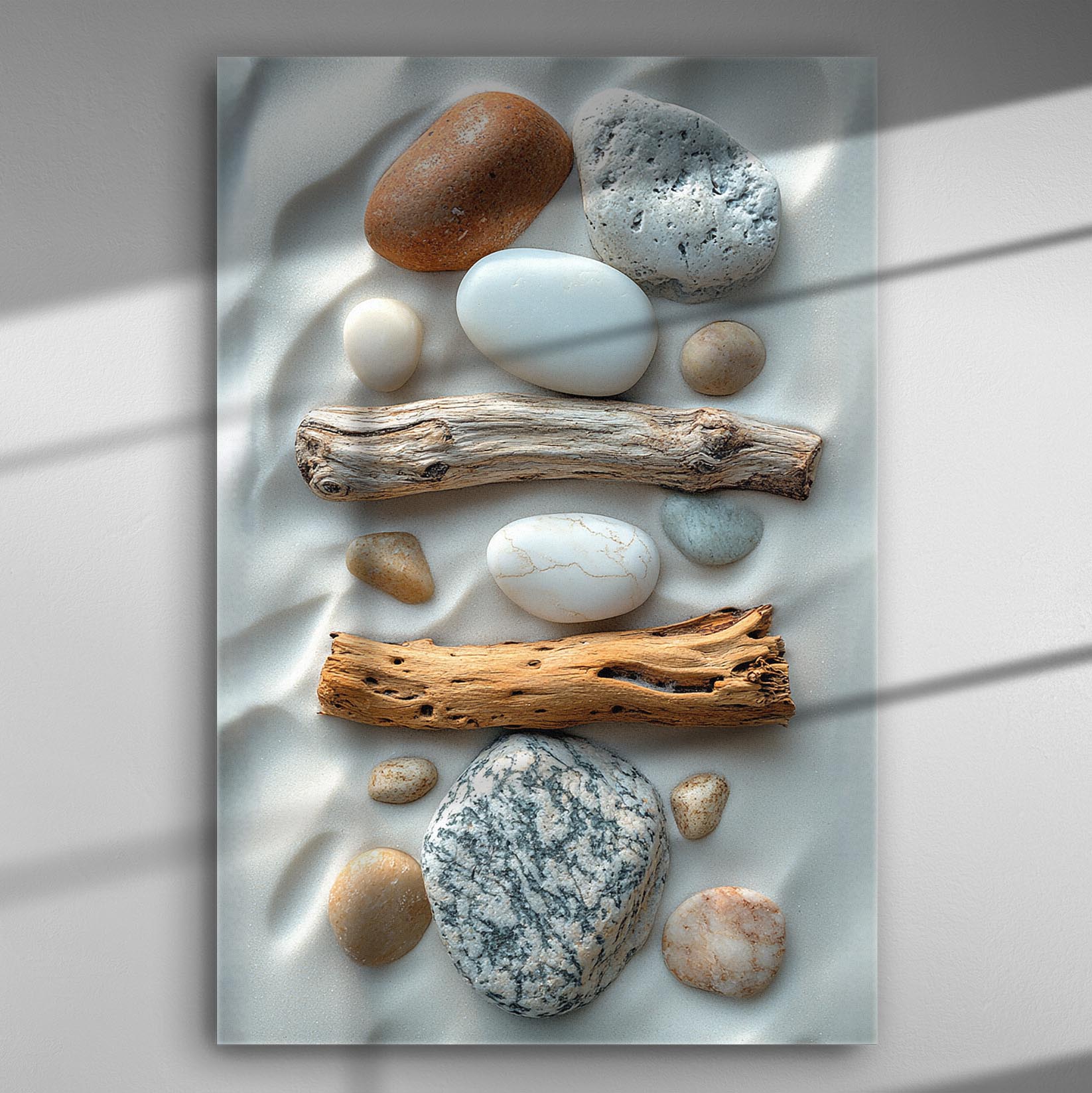 Canvas print with pebbles and driftwood arranged on sand, creating a peaceful natural composition.