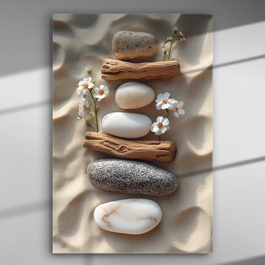 Stones and wood on sand with flowers in a serene composition, captured in high detail on canvas.