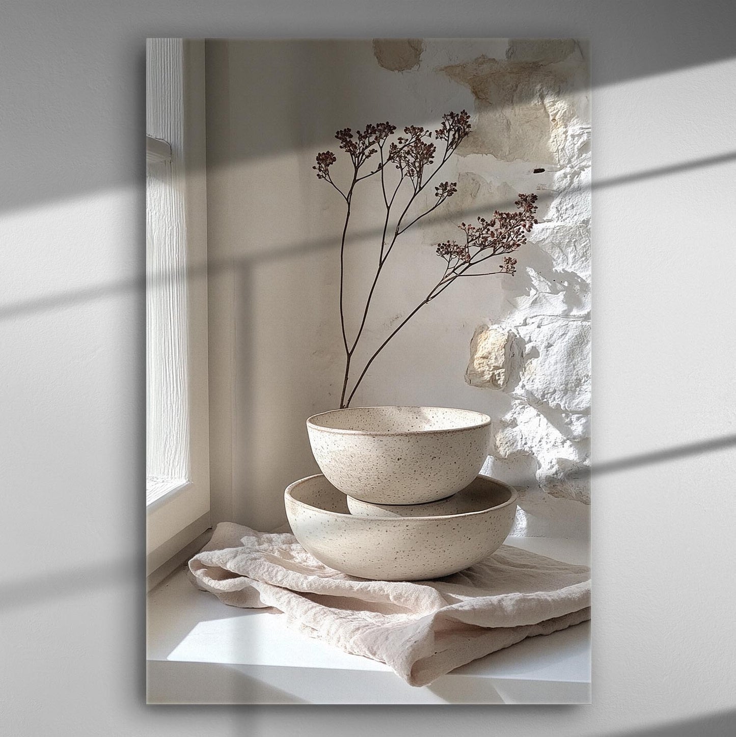 Canvas print featuring ceramic bowls with gentle light and natural textures for a serene decor.