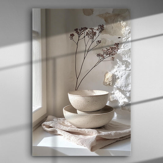 Canvas print featuring ceramic bowls with gentle light and natural textures for a serene decor.