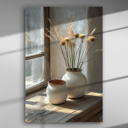 Rustic scene with two ceramic vases with wildflowers on a wooden windowsill in sunlight.