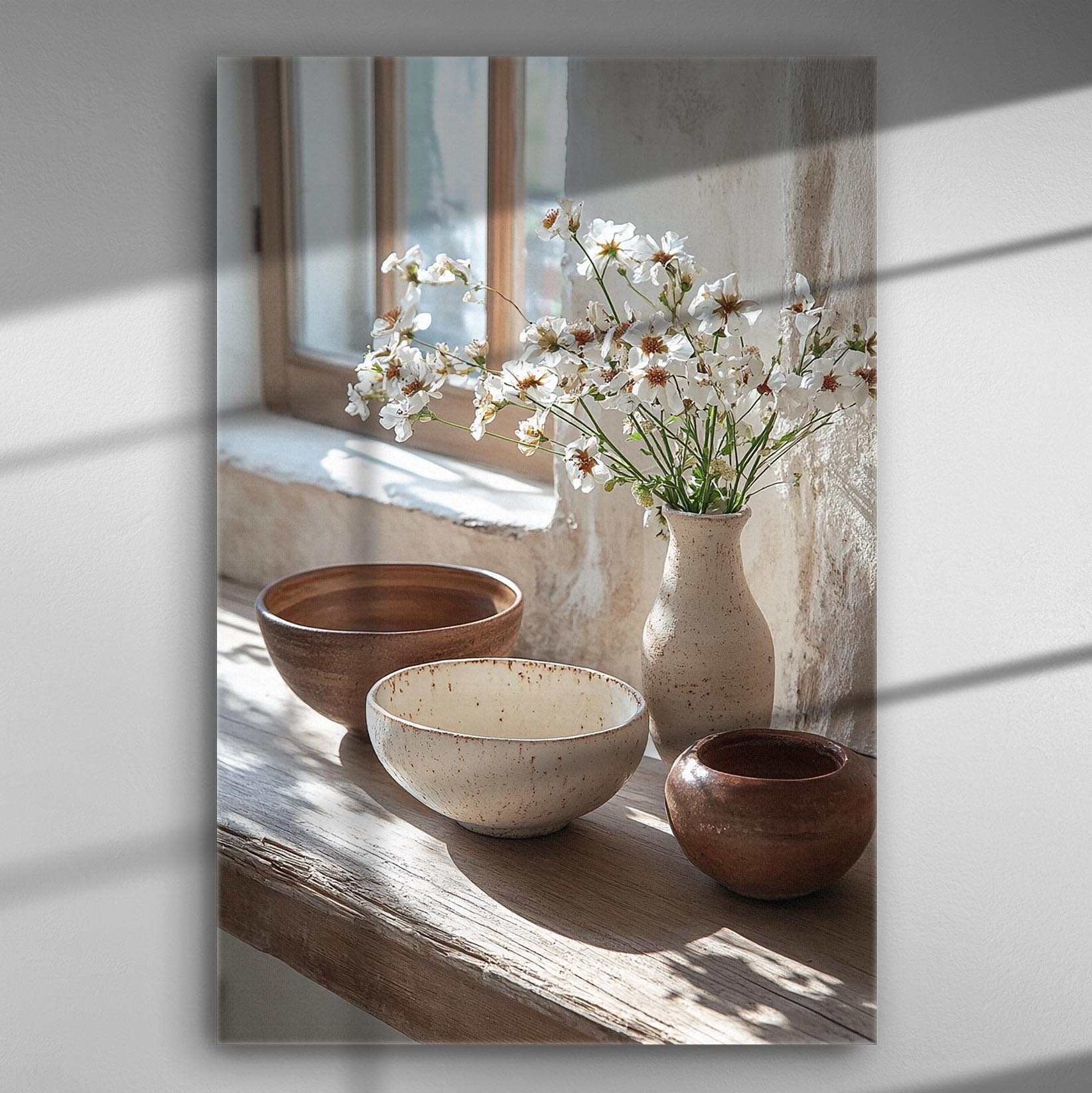 A window scene with sunlight, wildflowers in a vase, and ceramic bowls on a wooden surface.